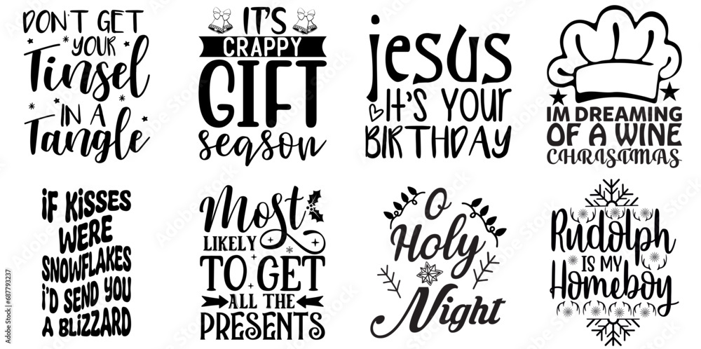 Fototapeta premium Christmas and Holiday Phrase Set Christmas Black Vector Illustration for Bookmark, Advertising, Flyer