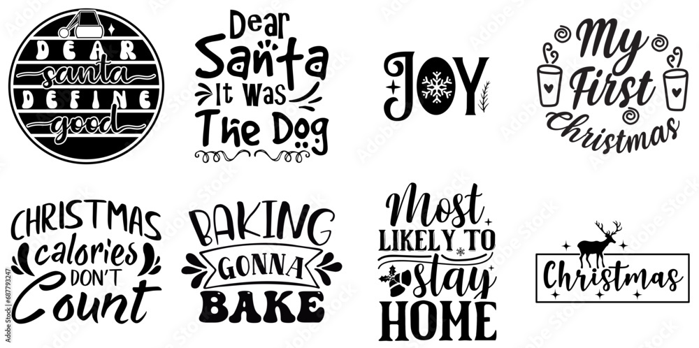 Christmas and New Year Typographic Emblems Set Christmas Black Vector Illustration for Advertising, Holiday Cards, Greeting Card