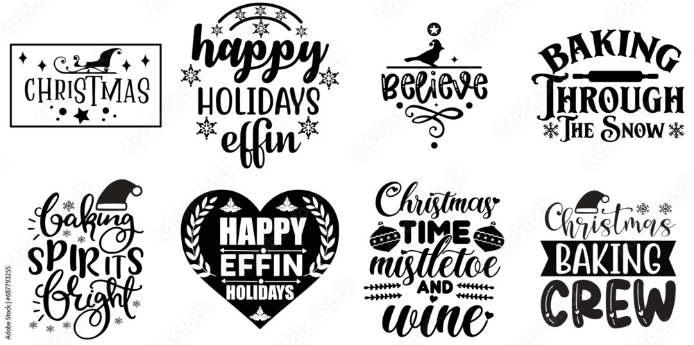 Holiday Celebration and Winter Typographic Emblems Bundle Christmas Black Vector Illustration for Logo, Infographic, Advertisement