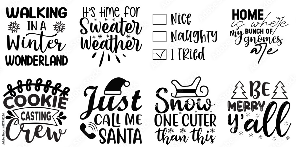 Christmas and New Year Phrase Set Christmas Black Vector Illustration for Printable, Book Cover, Brochure