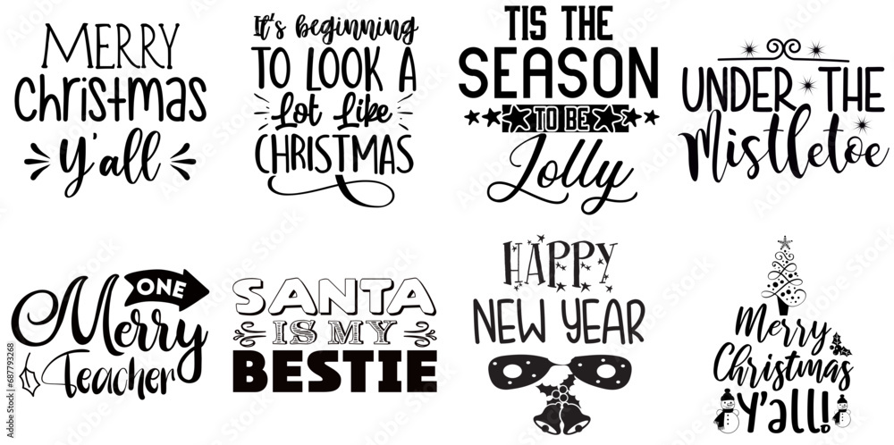 Fototapeta premium Happy Holiday and Winter Hand Lettering Set Christmas Black Vector Illustration for Advertising, Motion Graphics, Vouchers