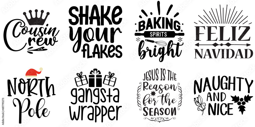 Fototapeta premium Merry Christmas and Holiday Celebration Typography Bundle Christmas Black Vector Illustration for T-Shirt Design, Printable, Announcement
