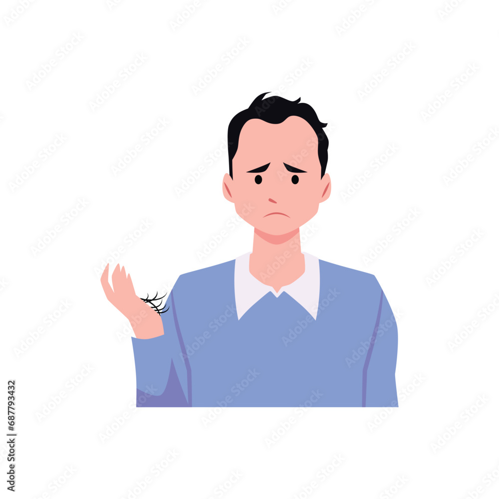 Upset man with fallen hair in hands, vector alopecia, hair loss in young age, baldness, before hair treatment Upset man with fallen hair in hands, vector alopecia, hair loss in young age, baldness, before hair treatment