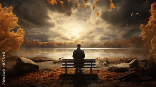 Person on bench facing a tranquil lake.