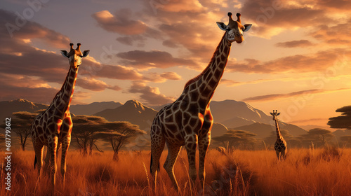 Giraffes in a glowing savannah sunset. © RISHAD