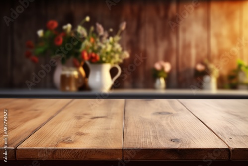 Inviting Kitchen Elegance: Clean Wooden Table Amidst a Softly Blurred Kitchen Scene. Generative AI.