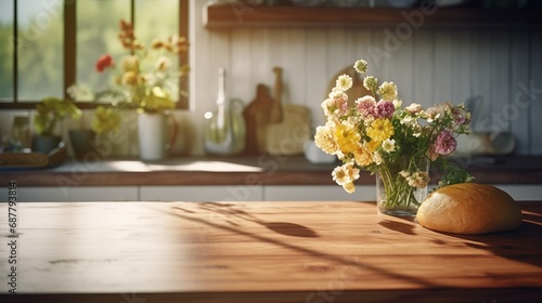 Warmth of Home: Wooden Table in the Foreground, Kitchen Softly Blurred. Generative AI.