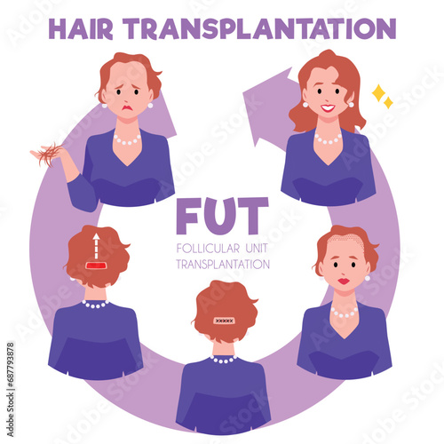 Hair transplantation, medical infographic with woman, vector illustration
