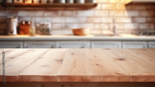 Cozy Kitchen Nook: Clean Wooden Table Surrounded by a Subtle Kitchen Backdrop. Generative AI.