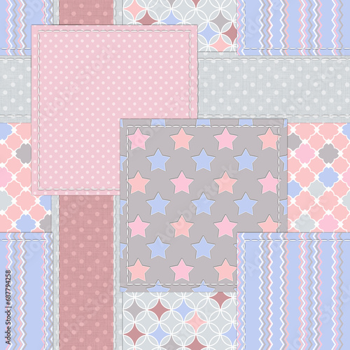Seamless patchwork pattern in pastel colors. Polka dot, striped and star pattern. Grey, pink, blue background.