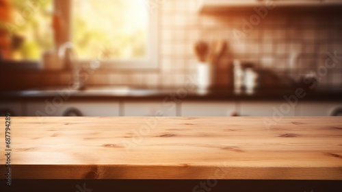 Culinary Retreat: Wooden Table in a Warm and Inviting Kitchen Setting. Generative AI.