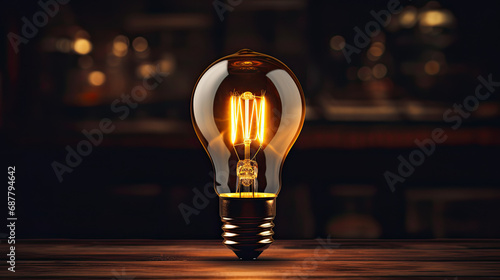 a light bulb lit up on a wooden table in a dark room photo