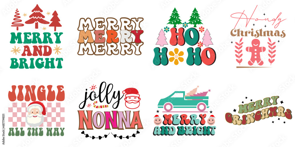Merry Christmas and Holiday Celebration Typographic Emblems Set Retro Christmas Vector Illustration for Packaging, Newsletter, Mug Design