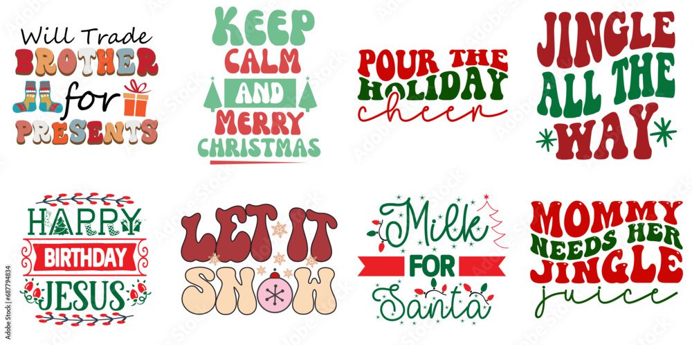 Merry Christmas and New Year Phrase Set Retro Christmas Vector Illustration for Newsletter, Vouchers, Infographic