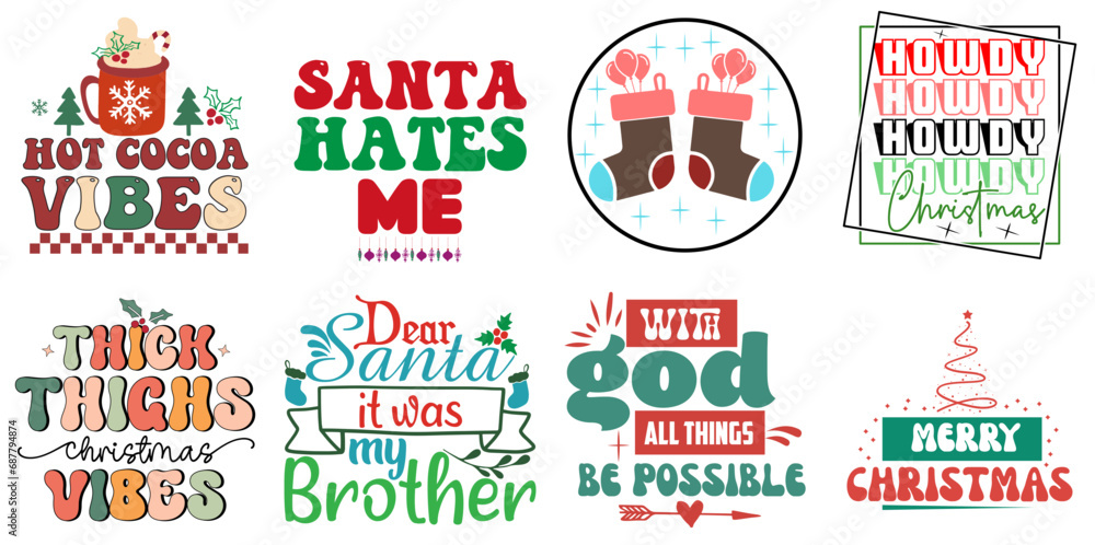 Merry Christmas and Holiday Celebration Typography Bundle Retro Christmas Vector Illustration for Printable, Holiday Cards, Greeting Card