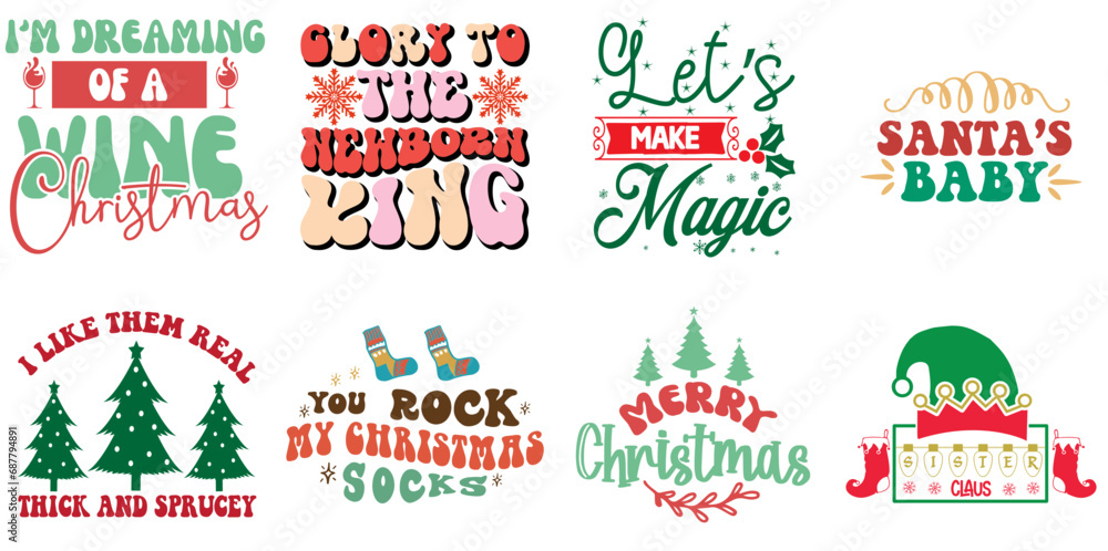 Merry Christmas and Happy Holiday Typography Bundle Retro Christmas Vector Illustration for T-Shirt Design, Vouchers, Wrapping Paper Merry Christmas and Happy Holiday Typography Bundle Retro Christmas Vector Illustration for T-Shirt Design, Vouchers, Wrapping Paper