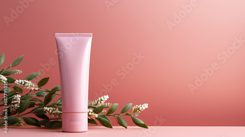 blank pink tube cosmetic cream on a pink wall with background of green palm. mock up beauty skin care product