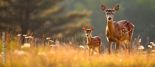 Mother deer's love showcased in Shenandoah National Park's Big Meadow, with a doe and fawn in a horizontal composition. © AkuAku