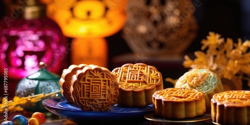 Moon cakes. Background Asian traditional holiday food and Mooncakes. Chinese Lunar New Year