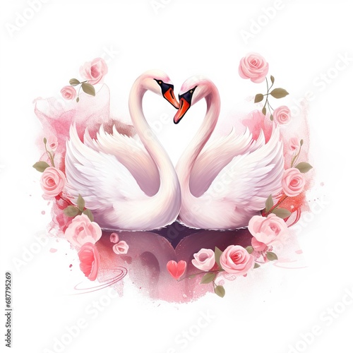 Graceful swans gliding across a pond, Valentine's Day Concept © Man888