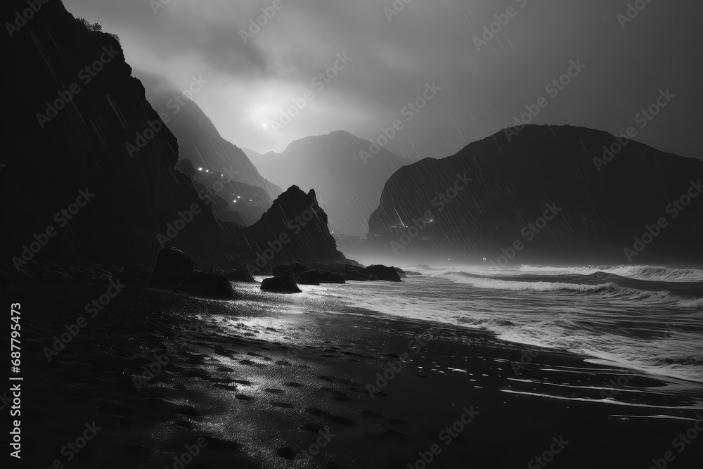 cloudy sunset over the ocean at the beach, grayscale, generative ai