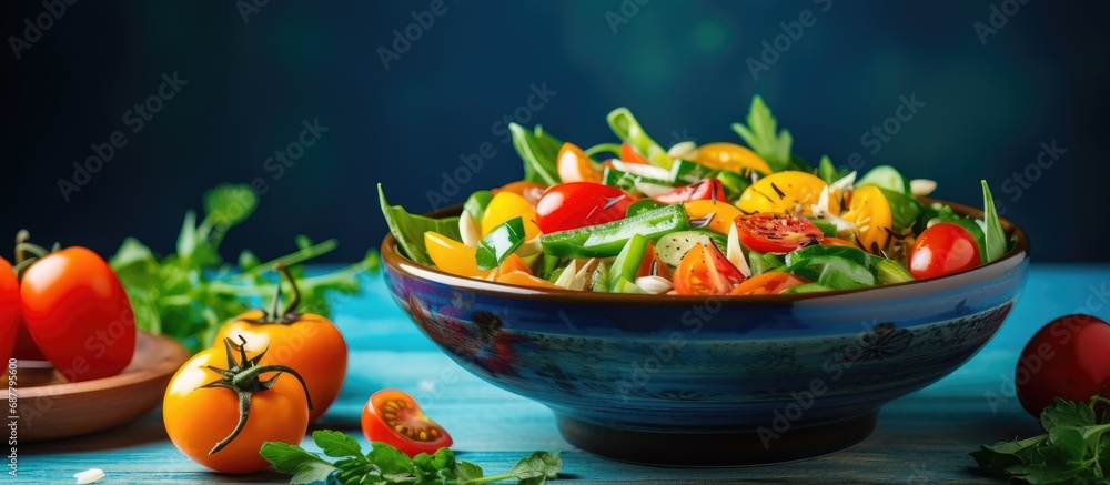 Colorful spring vegetable salad with cherry tomatoes, sweet peppers in a blue bowl. Healthy vegan lunch. Colorful spring vegetable salad with cherry tomatoes, sweet peppers in a blue bowl. Healthy vegan lunch.