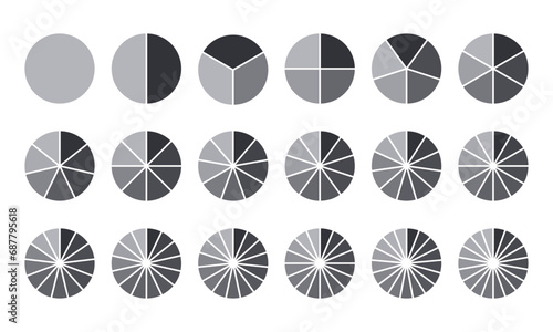 Circles divided into parts from 1 to 18. Black round chart for infographic, pie portion or pizza slice. Wheel division into fractions, circular shape sectors on white background.