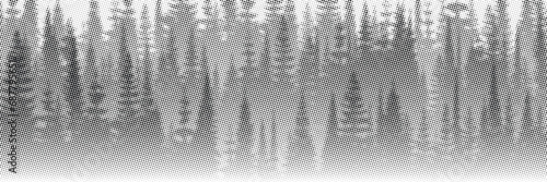 Vector halftone dots background, fading dot effect, coniferous forest, banner, shades of gray