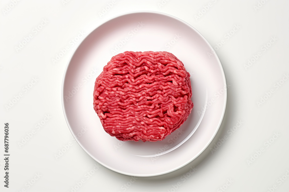 top view ground beef on white plate isolated on white background top view ground beef on white plate isolated on white background