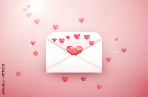 Pink envelope with Valentine hearts on white background - Concept of love and Valentine's day greetings