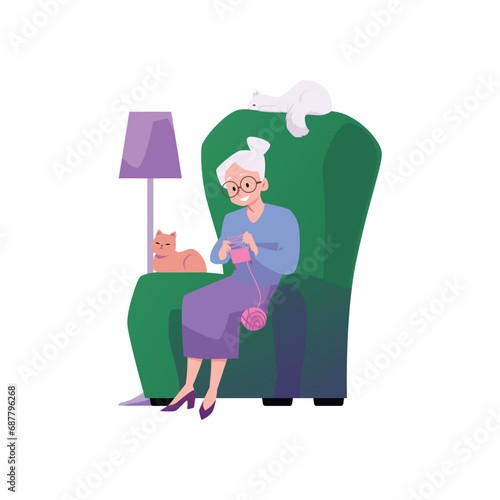 Elderly woman sits in a armchair with cats and knits, vector happy grandmother having a good time, lonely old people