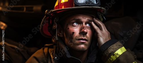 Firefighter on firetruck, leaning with hands on temples, showing mental strain in tough firefighting.