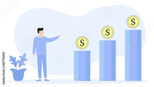 young people and growth chart with coin illustration