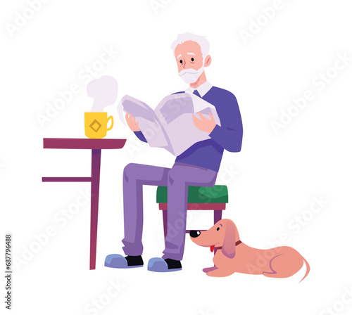 Elderly man sits in chair with cup of tea and reads newspaper, vector happy lonely grandfather having good time with dog