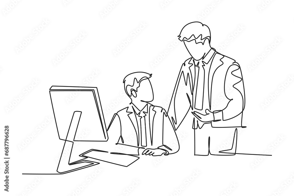 Continuous one line drawing of young manager take a talk to teach new employee about finishing the job during working at office. Work tutor concept. Single line draw design vector graphic illustration Continuous one line drawing of young manager take a talk to teach new employee about finishing the job during working at office. Work tutor concept. Single line draw design vector graphic illustration