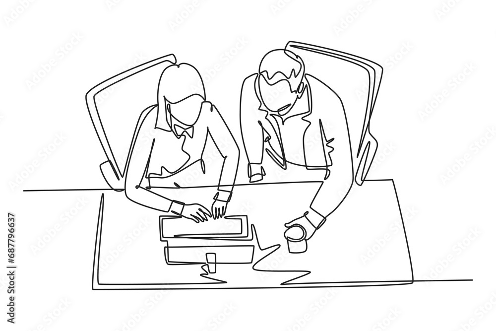 Single continuous line drawing of young businessman and businesswoman talking new product launch while watching presentation on screen. Business talk. One line draw graphic design vector illustration