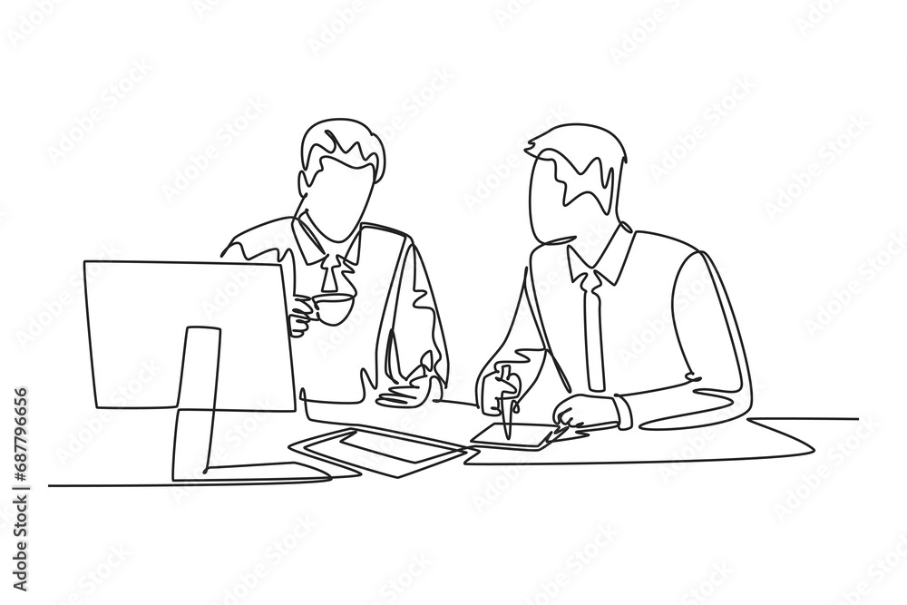 Single one line drawing two young men sitting over a cup of coffee and talking about work plans in the office. Success lifestyle concept. Modern continuous line draw design graphic vector illustration