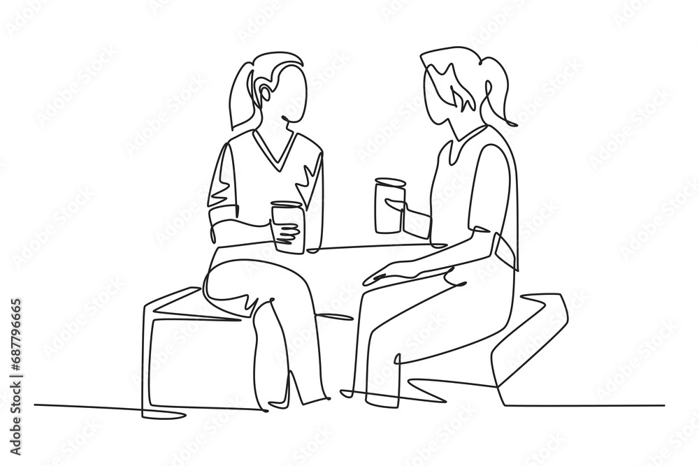 Single one line drawing two young cute female worker have casual chat over drink coffee during office break. Having small talk at work concept. Continuous line draw design graphic vector illustration Single one line drawing two young cute female worker have casual chat over drink coffee during office break. Having small talk at work concept. Continuous line draw design graphic vector illustration