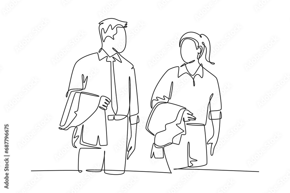 Single one line drawing two young happy male and female workers get conversation together after office hour. Work small talk success business. Continuous line draw design graphic vector illustration Single one line drawing two young happy male and female workers get conversation together after office hour. Work small talk success business. Continuous line draw design graphic vector illustration