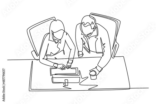 Single continuous line drawing of young businessman and businesswoman talking new product launch while watching presentation on screen. Business talk. One line draw graphic design vector illustration