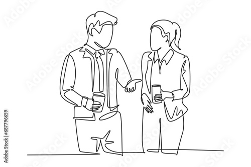 Single continuous line drawing of two young male and female startup founders have a business talk over soft drink. Business chat during office break. One line draw graphic design vector illustration