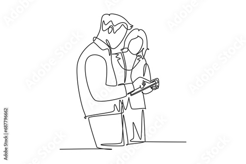 Single continuous line drawing of two young male and female director watching company growth chart on screen tablet. Business growth concept. Dynamic one line draw graphic design vector illustration