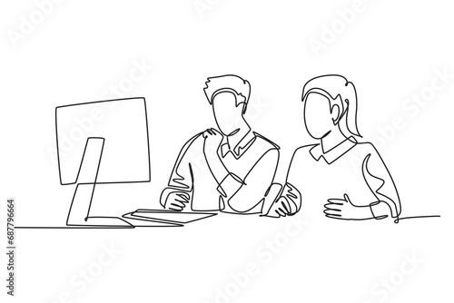 Single one line drawing two young serious male and female worker watching sales chart on computer screen. Sales growth business concept. Modern continuous line draw design graphic vector illustration