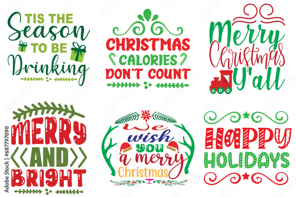 Merry Christmas and Winter Typography Set Christmas Vector Illustration for Postcard, Bookmark, Packaging