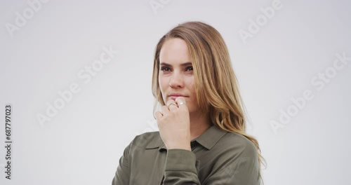 Thinking, studio face and business woman planning project, ideas and problem solving solution, plan or corporate choice. Doubt, memory or professional agent brainstorming question on white background photo