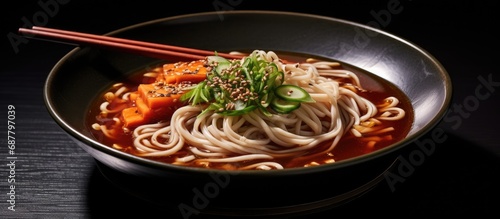 'Guksu', a Korean soul food, captured through sauceat's food photography featuring thin noodles in anchovy broth with vegetable garnish. photo