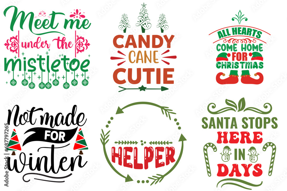 Merry Christmas and Holiday Celebration Trendy Retro Style Illustration Bundle Christmas Vector Illustration for Poster, Icon, Banner