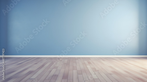 Simple room, denim color Wall, laminate Floor
