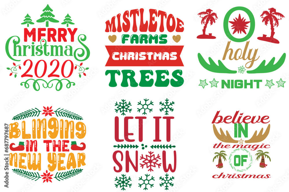Holiday Celebration and Winter Typographic Emblems Bundle Christmas Vector Illustration for Greeting Card, T-Shirt Design, Banner