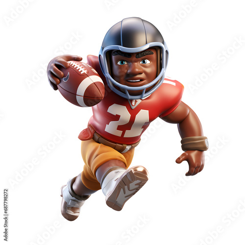 3D cartoon character American football player with ball in action sport Athletes, Full body isolated on white and transparent background